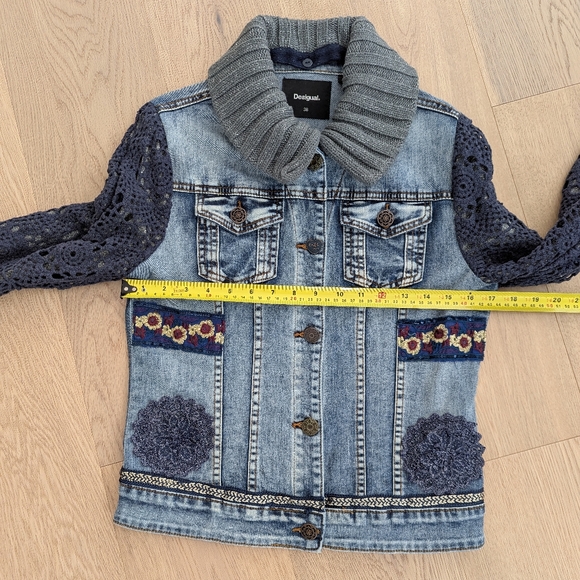 Desigual jean jacket with crochet knit overlay removable collar size 38 - Picture 15 of 16
